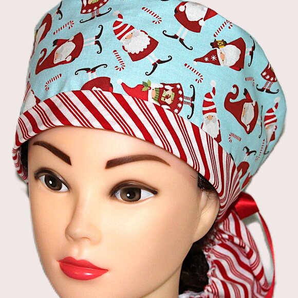 Womens Ponytail Scrub Cap Christmas Candy Cane Gnomes *Handmade - Picture 3 of 8